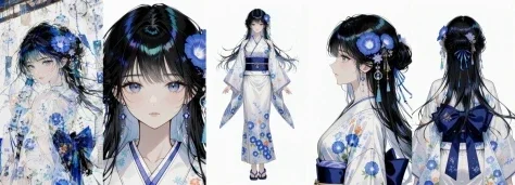 Blue Floral Kimono Character Sheet — GPT Image 2.5 AI Prompt: Goal: Create a clean anime character sheet for an elegant young woman in a blue-...