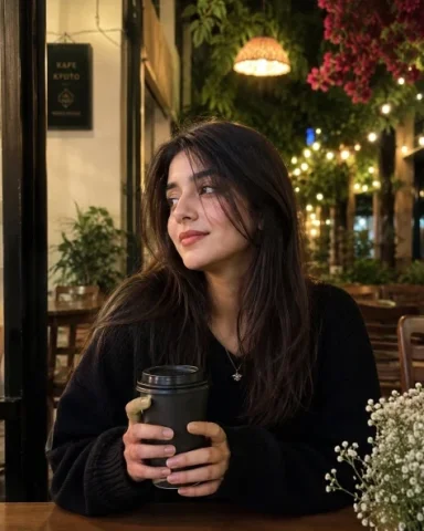 Cinematic Night Café Portrait — GPT Image 2.5 AI Prompt: A candid, cinematic portrait of a young South Asian woman sitting outdoors at a...