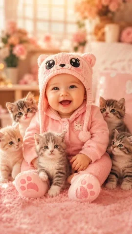 Cute Baby and Kittens Wallpaper — GPT Image 2.5 AI Prompt: A cute baby wearing pink and a hat with big eyes, surrounded by kittens, with a...