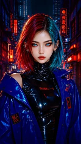 Neon Flux Cyberpunk Portrait — GPT Image 2.5 AI Prompt: A stylized cyberpunk fashion portrait of a striking young woman with sleek shoul...