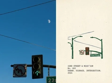 Urban Intersection Photo and Sketch Diptych — GPT Image 2.5 AI Prompt: Goal: Create a diptych poster documenting an urban intersection memory, half rea...