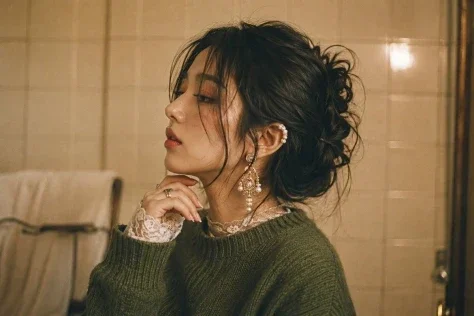 Vintage 35mm Aesthetic Portrait — GPT Image 2.5 AI Prompt: Side-profile medium shot of a young East Asian woman with messy dark hair tied i...