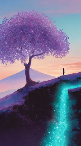 Serene Landscape and Surreal Figure at Sunset — Nano Banana 2 AI Prompt: A tranquil digital landscape featuring a vibrant, glowing sunset over distant mo...