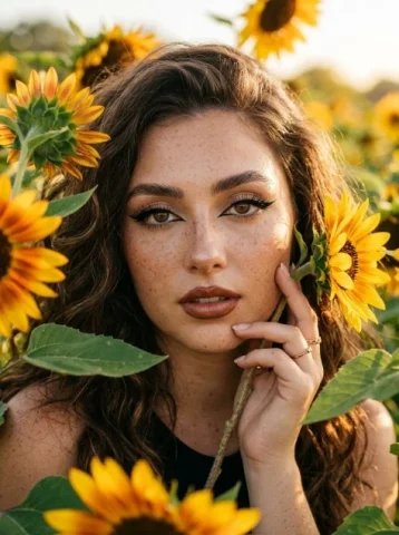 Sunflowers and Cinematic Eye-Lip Portrait — Nano Banana 2 AI Prompt: A cinematic shot with a film-grain effect. This is an extreme close-up portrait...