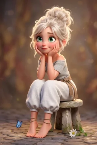 3D Stylized Cartoon Girl on Stone Stool — Nano Banana 2 AI Prompt: A full-body stylized 3D cartoon girl with large sparkling emerald-green eyes, so...