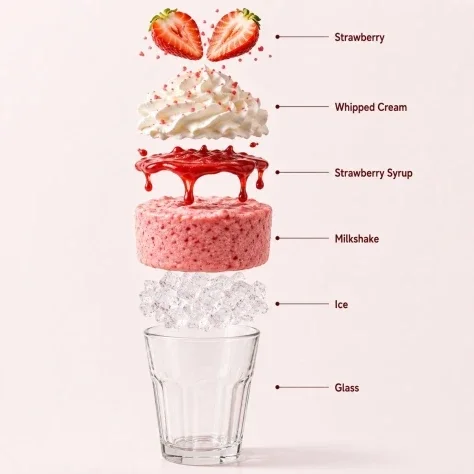 Strawberry Milkshake Product and Infographic — Nano Banana 2 AI Prompt: A high-quality professional product photograph of a premium strawberry milkshake...