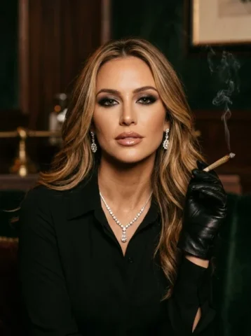 Sophisticated Portrait with Diamonds and Gloves — Nano Banana 2 AI Prompt: A striking photorealistic portrait features a woman with long, wavy brown and bl...