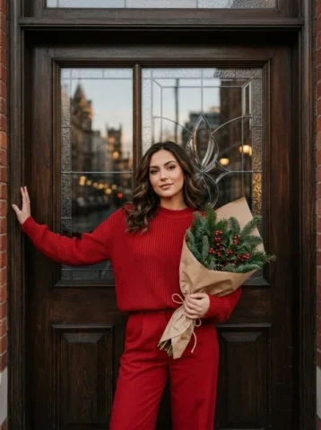 Woman in Festive Red Sweater Portrait — Nano Banana 2 AI Prompt: Stylish young woman with elegant makeup standing confidently in front of a dark...