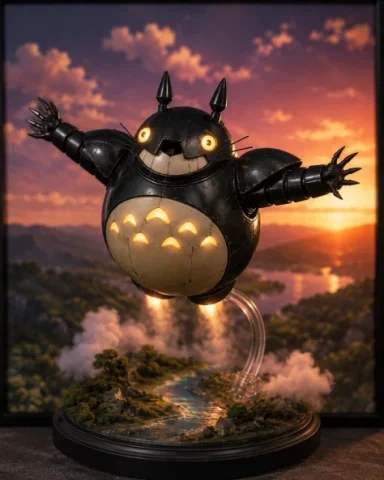 Glowing Totoro Robot Figure Diorama — GPT Image 2.5 AI Prompt: Create a cinematic high-end collectible figure product photo of a floating robot...