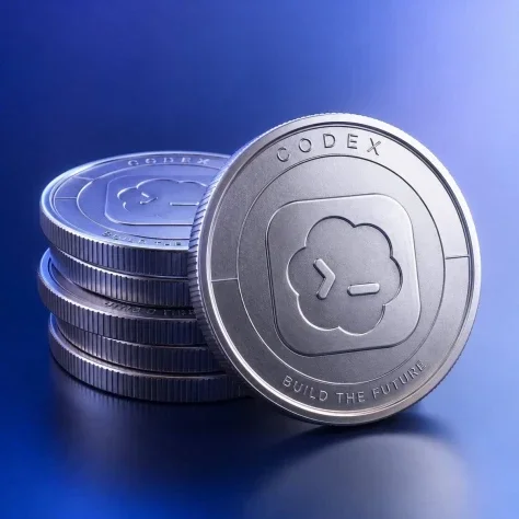 Photorealistic Codex Token Coins — GPT Image 2.5 AI Prompt: Create a high-end photorealistic product render of CODEX tokens as futuristic si...