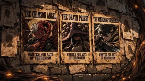 Anime Fantasy Wanted Poster Wall — GPT Image 2.5 AI Prompt: Goal: Create a dark cinematic anime fantasy scene of a grimy stone notice wall c...