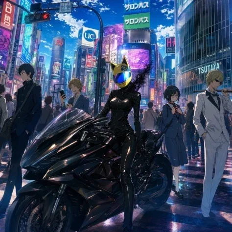Durarara-Style Tokyo Crossing Key Visual — GPT Image 2.5 AI Prompt: Create a polished anime key visual inspired by Durarara!!, set in a busy Ikebuku...