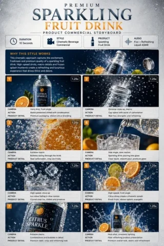 Premium Beverage Commercial Storyboard — GPT Image 2.5 AI Prompt: TITLE: Premium Sparkling Fruit Drink Product Commercial Storyboard FORMAT: • Si...