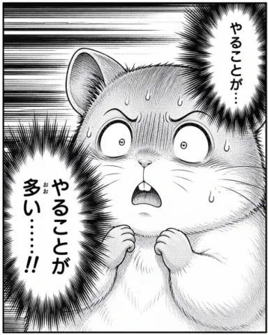 Panicked Hamster Manga Panel — GPT Image 2.5 AI Prompt: Create a dramatic black-and-white Japanese manga panel featuring a cute hamster...