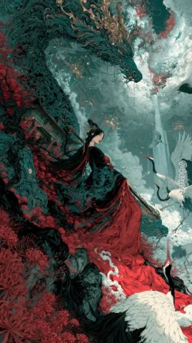 Dragon Empress in Crimson Robes — GPT Image 2.5 AI Prompt: Create a tall vertical fantasy xianxia illustration in an ultra-detailed East As...