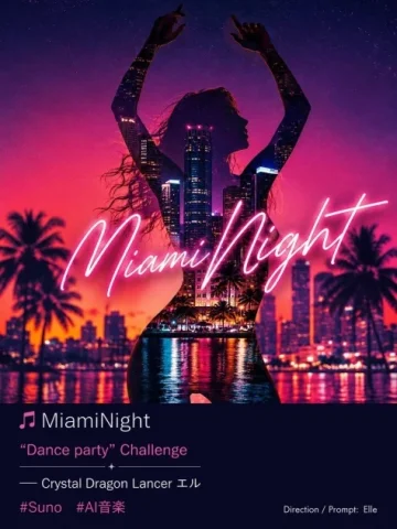 Miami Night Dance Cover — GPT Image 2.5 AI Prompt: Goal: Create a square-to-portrait neon music cover poster for a tropical synthwa...