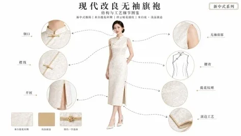 Qipao Design & Craft Infographic — GPT Image 2.5 AI Prompt: Generate a 16:9 landscape, pure white background illustrated guide to Qipao stru...