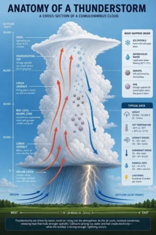 Thunderstorm Anatomy and Photography — GPT Image 2.5 AI Prompt: 1. "Anatomy of a Thunderstorm" — a labeled cross-section of a cumulonimbus with...