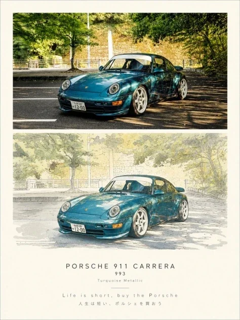 Porsche 911 Photo and Watercolor Poster