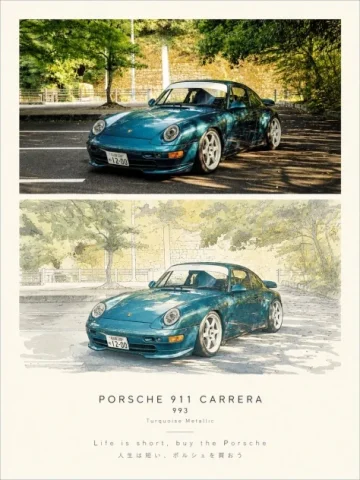 Porsche 911 Photo and Watercolor Poster — GPT Image 2.5 AI Prompt: Goal: Create a refined vertical automotive poster comparing a realistic photo an...
