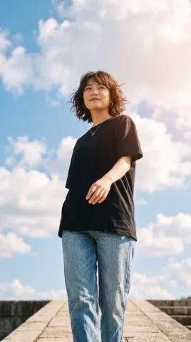 Low Angle Fashion Portrait — Nano Banana 2 AI Prompt: Low-angle fashion portrait of a young East Asian woman with short, tousled, wavy...
