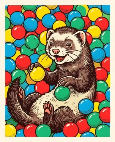Whimsical Ferret in Ball Pit — Nano Banana 2 AI Prompt: a curious ferret joyfully playing in a colorful plastic ballpit, dozens of brigh...