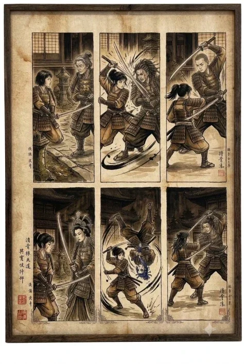 Samurai fight scene ukiyo-e triptych