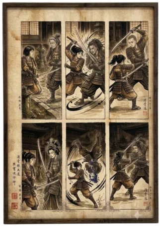 Samurai fight scene ukiyo-e triptych — GPT Image 2.5 AI Prompt: Create a vertical triptych (six tall panels side by side) in a classic Chinese u...