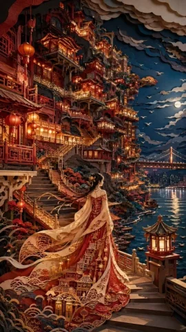 Oriental Papercut Art of Hongyadong — GPT Image 2.5 AI Prompt: 9:16 vertical, modern East Asian woman's dream 3D papercut art, modern oriental...