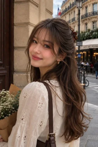 Paris street portrait photography — GPT Image 2.5 AI Prompt: Photorealistic Paris street portrait, young woman looking back over her shoulder...