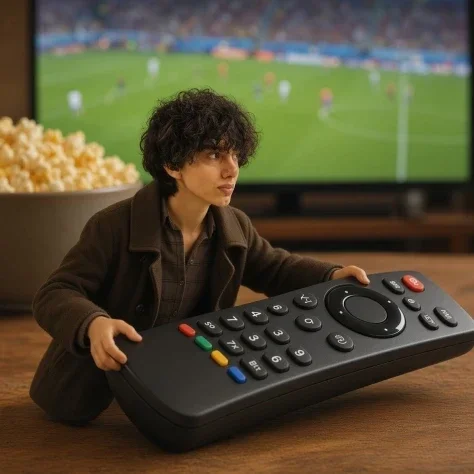 Tiny Person Lifting Giant TV Remote — GPT Image 2.5 AI Prompt: Create a photorealistic cinematic miniature scene of a tiny young man with curly...