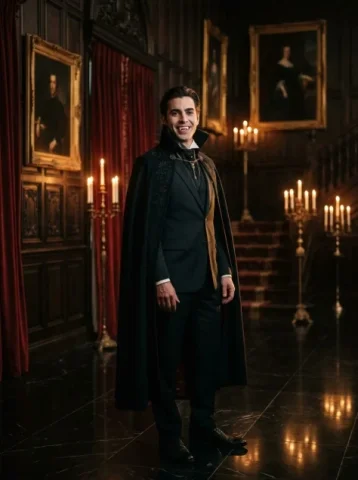 Gothic Vampire Noble Portrait — GPT Image 2.5 AI Prompt: Create a cinematic full-body portrait of a charismatic young vampire nobleman st...