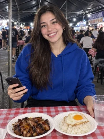 Candid Night Market Dinner Portrait — GPT Image 2.5 AI Prompt: Create a candid, realistic smartphone-style photo of a smiling young woman at a...