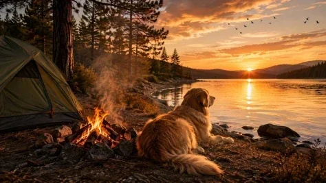 Golden Retriever Mountain Sunset Photography — GPT Image 2.5 AI Prompt: A middle-aged golden retriever lies peacefully beside a calm mountain lake at go...