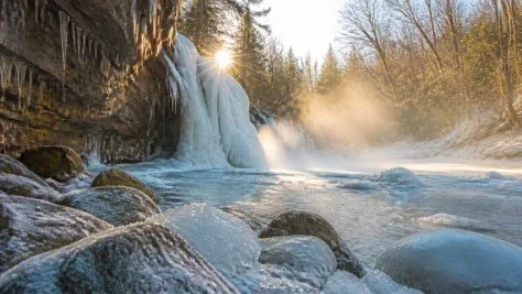 Frozen Waterfall Sunlit Crystal Landscape — GPT Image 2.5 AI Prompt: A frozen waterfall in full daylight. Crystals catching the sun like a chandelier...