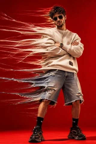 Kinetic Motion Fashion Portrait — GPT Image 2.5 AI Prompt: High-fashion conceptual studio portrait of a stylish young man standing confiden...
