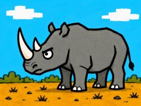 Grumpy Rhino Storybook Illustration — GPT Image 2.5 AI Prompt: Create a simple children’s book style illustration of a large rhinoceros standin...