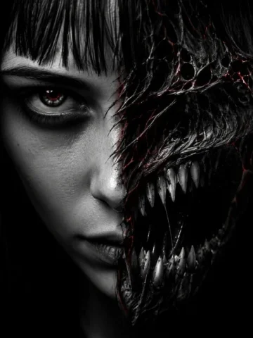 Split Face Horror Transformation — GPT Image 2.5 AI Prompt: Extreme close-up split-face horror portrait, young woman's face on left half pal...