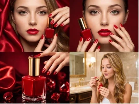Luxury Red Nail Polish Storyboard — GPT Image 2.5 AI Prompt: Goal: Create a premium 4-picture advertising storyboard for red nail polish, sho...