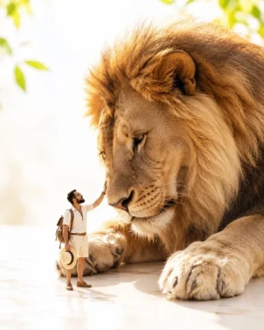 Tiny Safari Explorer With Giant Lion — GPT Image 2.5 AI Prompt: Create a hyper-realistic cinematic miniature photograph of a tiny male safari ex...