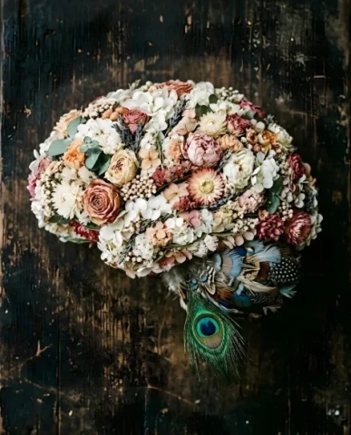 Dried Flower Brain Sculpture — Nano Banana 2 AI Prompt: A close-up, side-profile view of a human brain sculpture made of dried flowers a...