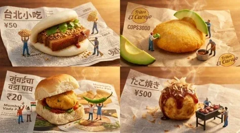 Miniature Street Food Diorama — Nano Banana 2 AI Prompt: 2x2 grid, 16:9, do this for 4 underrated street foods : { "Aesthetic": "Miniatur...
