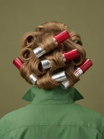 Surreal Hair Roller Product Shot — Nano Banana 2 AI Prompt: Studio product photo shot from behind of a person with light brown wavy/curled h...