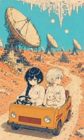 Manga Desert Radio Telescope Road Trip — GPT Image 2.5 AI Prompt: Create a vertical manga-style science fiction illustration of two young girls dr...