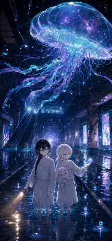 Cosmic Jellyfish Subway Children — GPT Image 2.5 AI Prompt: Create a vertical cinematic Korean webtoon-style fantasy illustration of two chi...