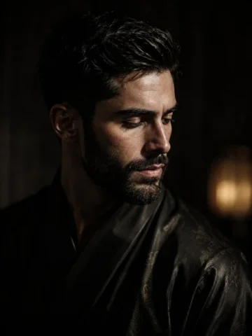 Chiaroscuro Portrait in Traditional Robe — GPT Image 2.5 AI Prompt: Cinematic chiaroscuro portrait of a man use image for face reference in a dark s...