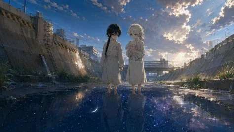 Anime Girls in Starry Flooded Canal — GPT Image 2.5 AI Prompt: Create a cinematic modern Japanese theatrical anime-style wide shot of two young...
