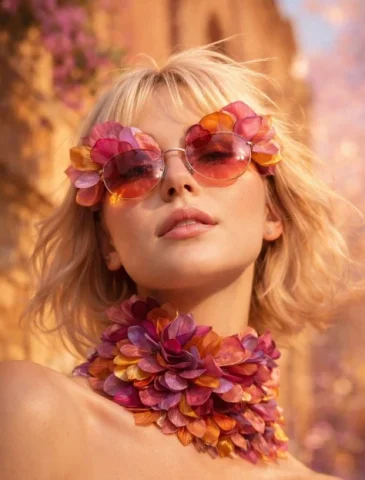 Scenic Landscape Creation — GPT Image 2.5 AI Prompt: Low-angle close-up portrait of a platinum blonde woman wearing oversized sculptu...