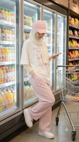Aesthetic Supermarket Lifestyle Portrait — Nano Banana 2 AI Prompt: A beautiful young slim woman wearing a hijab is in the beverage aisle of a moder...
