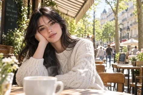 Sunny Paris Café Portrait — GPT Image 2.5 AI Prompt: Create a realistic lifestyle portrait photograph of a young woman sitting at an...